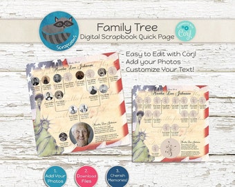 Family Tree Pedigree Portrait Ellis Island, Premade Digital Scrapbook Layout