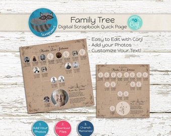 Family Tree Pedigree Portrait, Digital Scrapbook Page