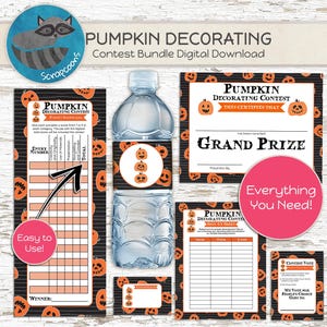 Peut inclure: Ensemble imprimable pour un concours de décoration de citrouilles avec un motif de citrouilles noires et orange. Comprend une feuille de pointage, un certificat, une étiquette pour bouteille d'eau et une feuille de vote. Tout ce dont vous avez besoin !