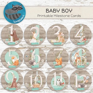 Afdrukbare mijlpaalkaarten voor baby's van maand tot maand Boy Blue Forest Animals Photo Prop