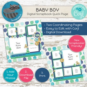 Baby Boy Scrapbook Pages – 12x12 Premade Blue Layout via Corjl