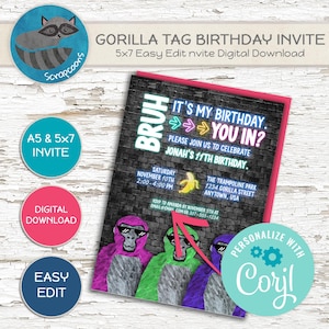 Invitation d'anniversaire de tag gorille, téléchargement immédiat modifiable