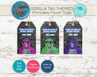 Peut inclure: Trois étiquettes de faveur imprimables représentant un gorille portant des lunettes de soleil et un néon qui dit "Merci d'avoir rendu mon anniversaire génial !" Le gorille porte un t-shirt rose, vert et violet. Les étiquettes sont conçues pour une fête d'anniversaire.