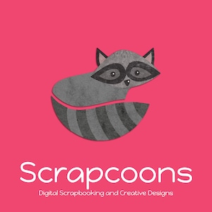 May include: A stylized raccoon illustration in gray and black, set against a vibrant pink background. The raccoon is designed with a curved body and a striped tail. The text "Scrapcoons" is displayed in white, along with the tagline "Digital Scrapbooking and Creative Designs."