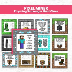 Pixel Miner Scavenger Hunt Printable, Minecraft Party Game, Indoor Outdoor Rhyming Clues