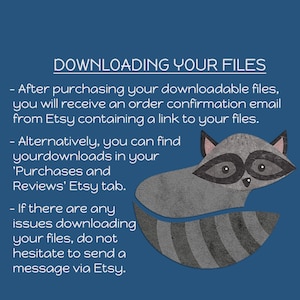 May include: A navy blue graphic with the text "DOWNLOADING YOUR FILES" and instructions for downloading files purchased on Etsy. A cartoon raccoon illustration is on the right side of the image.