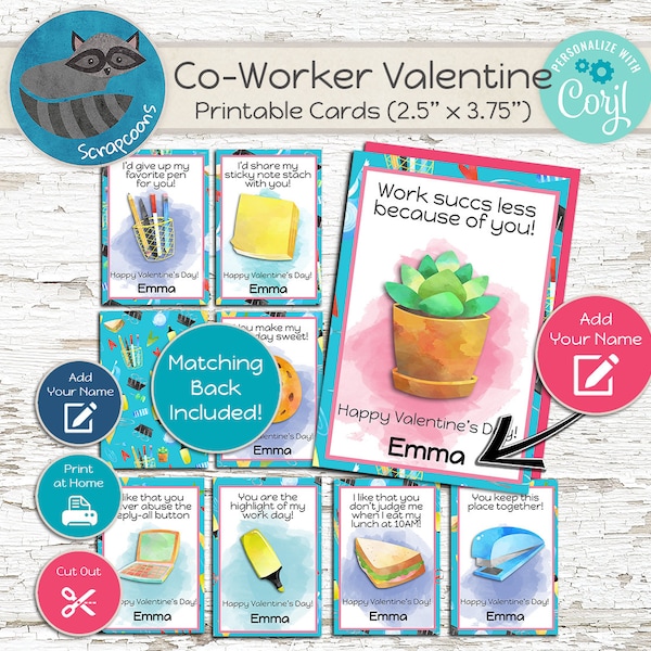 Office Co-Worker Valentine’s Day Cards - Print at Home Digital Download, Customize with Corjl