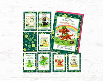 Juego de tarjetas imprimibles del Día de San Patricio / 8 tarjetas de intercambio de animales para el aula con nombre personalizado