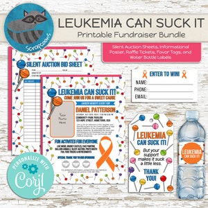 May include: Printable fundraiser bundle for leukemia awareness. Includes silent auction bid sheets, an informational poster, raffle tickets, favour tags, and water bottle labels. The design features a colourful lollipop and pin pattern with the text "Leukemia Can Suck It".