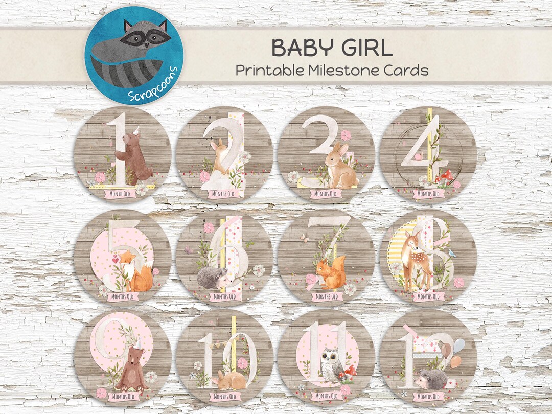 Printable Baby Monthly Milestone Cards Girl Pink Forest Animals Photo ...