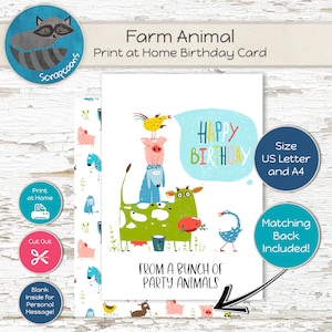 Carte d'anniversaire amusante avec les animaux de la ferme - Imprimable à téléchargement immédiat