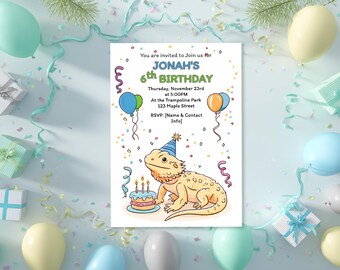 Invitación de cumpleaños de dragón barbudo (5x7) imprimible: Invitación de fiesta de reptil azul