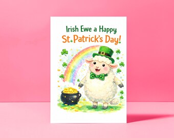 Tarjeta de felicitación para el Día de San Patricio con una oveja irlandesa imprimible