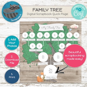 May include: Digital scrapbook page with a family tree design. The green tree has spaces for photos and names. Includes a raccoon graphic, text "Family Tree," and instructions to add photos, download, and print.