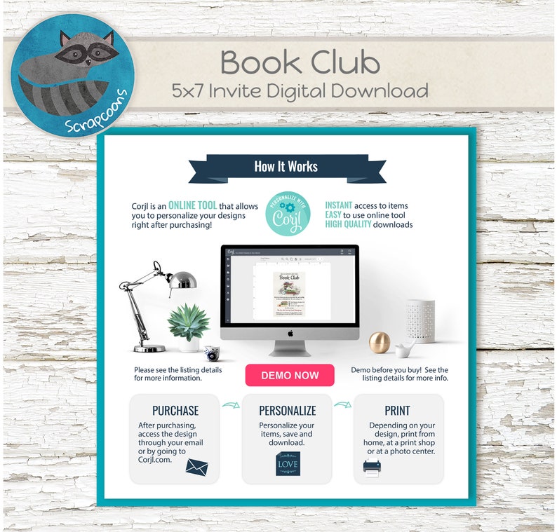 May include: A digital download for a 5x7 inch book club invite. The image shows a computer screen with a preview of the invite, along with instructions on how to purchase, personalize, and print the invite. The text on the image reads "Book Club 5x7 Invite Digital Download" and "Corjl is an ONLINE TOOL that allows you to personalize your designs right after purchasing!"