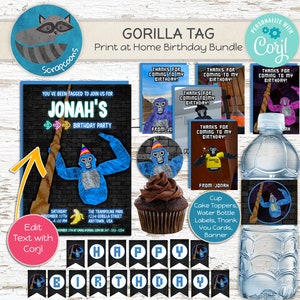 Gorilla Tag Geburtstags-Bundle - Print at Home Einladen, Wasserflaschenetiketten, Dankeskarten & Banner