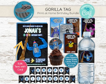 May include: Printable birthday party decorations featuring a blue gorilla with a party hat. The set includes a banner, cupcake toppers, water bottle labels, thank you cards, and a sign that says "You've been tagged to join us for Jonah's birthday party".