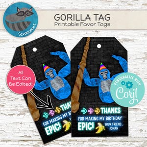 Labels Gorilla-tag verjaardagsfeestje bedankje: thuis bewerken en afdrukken
