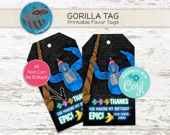 Peut inclure: Étiquettes de faveur imprimables Gorilla Tag avec un gorille bleu portant un chapeau de fête et un bâton en bois. Les étiquettes portent le texte "Merci d'avoir rendu mon anniversaire épique !" et "Personnalisez avec Corjl !"