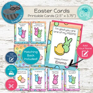 May include: Printable Easter cards featuring a variety of colorful designs with Peeps marshmallow candies. The cards are 2.5 inches by 3.75 inches and include a matching back. The text on the cards says "I'm glad you are one of my PEEPS!" and "Happy Easter!"