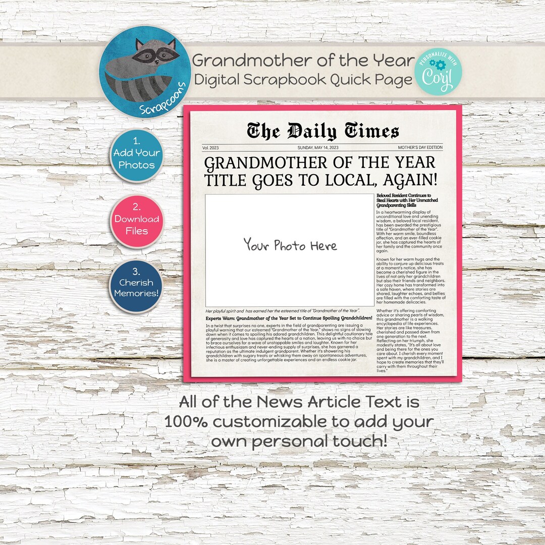 News Article Grandmother of the Year, Digital Scrapbook Quick Page - Etsy
