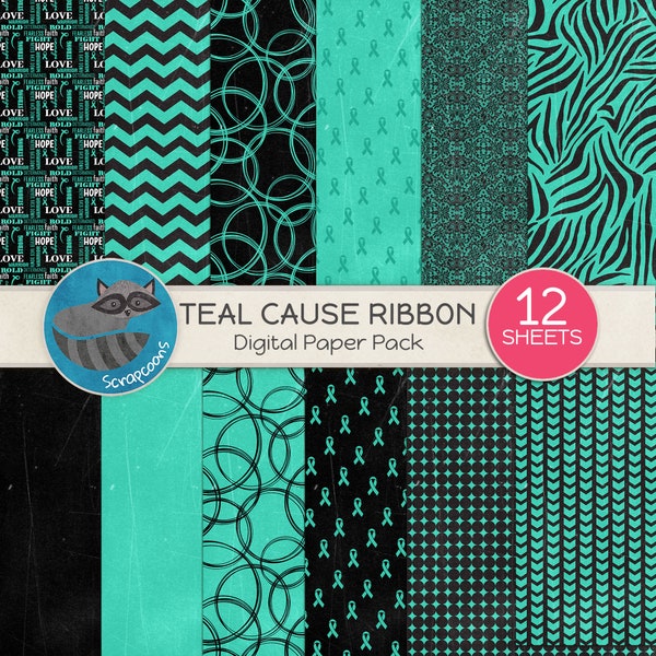 Teal Cause Ribbon Digital Paper Pack - 12 Unique Designs for Scrapbooking and Crafts