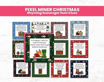 Tarjetas de búsqueda del tesoro navideñas de Pixel Miner: pistas de rimas imprimibles para niños