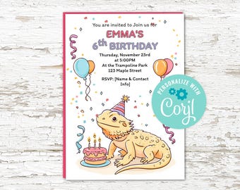Bearded Dragon Geburtstagseinladung 13x18: Pink Girl Reptilien Party zum Ausdrucken