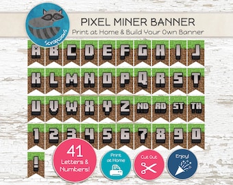 Printable Pixel Miner Banner: Custom A-Z DIY Party Decoration PDF