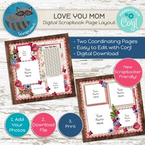 May include: Digital scrapbook page layout with a floral theme. The layout features a pink and white background with a wooden frame. There are four photo spaces and a text box. The layout is designed to be used with the Corjl software.