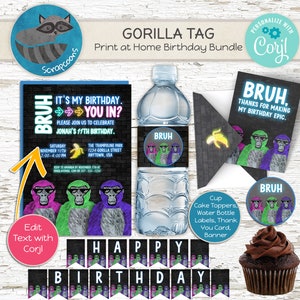 Gorilla Tag Geburtstags-Bundle - Print at Home Einladen, Wasserflaschenetiketten, Dankeskarte & Banner