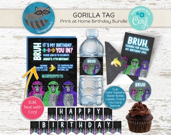 May include: A printable birthday party bundle with a gorilla theme. The bundle includes a birthday invitation, water bottle labels, cupcake toppers, a thank you card, and a banner. The design features a neon green, purple, and pink color scheme with a gorilla wearing sunglasses.