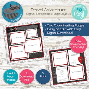 Editable Travel Scrapbook Page | Vacation Memory Layout | Digital Adventure Photo Template 12x12