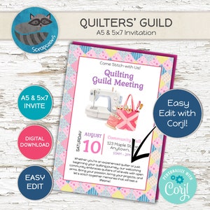 May include: A pink and yellow invitation for a quilting guild meeting. The invitation features a sewing machine, a bag of quilting supplies, and the text "Come Stitch with Us! Quilting Guild Meeting". The invitation is decorated with a patchwork quilt pattern.