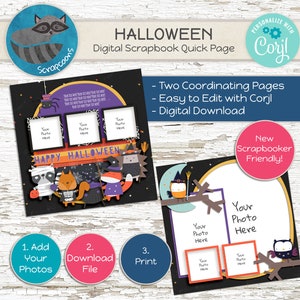 Halloween Digital Scrapbook Layout, Cute Critters 12x12 Printable Page for Kids&#39; Memories