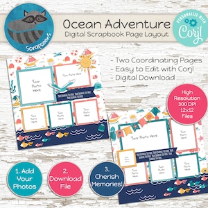 Può includere: Due layout di pagina di scrapbook digitale a tema oceanico. I layout presentano uno sfondo blu con pesci colorati, conchiglie e altri elementi a tema oceanico. Ogni layout ha più spazi per foto con il testo "Your Photo Here".