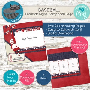 May include: A digital scrapbook page with a baseball theme. The design features red and navy blue backgrounds with baseball elements. The text includes "WE LOVE THIS GAME" and "Your Photo Here". Includes instructions to add photos, download the file, and print.