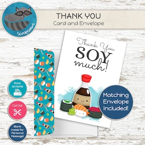 Tarjeta de agradecimiento de sushi imprimible / Saludo "Soy Much Pun" / Descarga instantánea PDF JPG