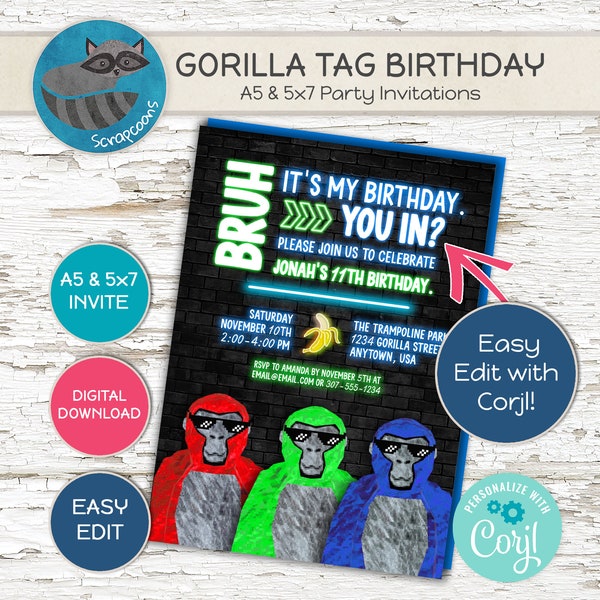 Gorilla Tag Bruh Birthday Invite, Editable Instant Download