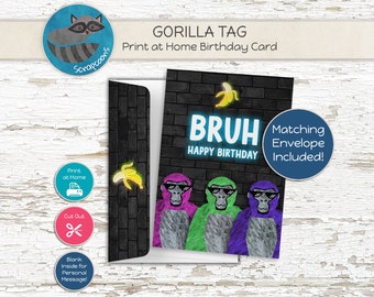 Gorilla Tag Birthday Card with Envelope, Print at Home Card
