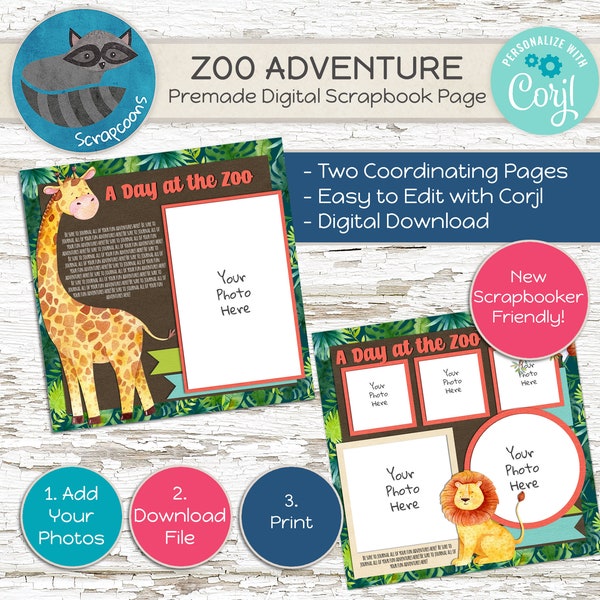 Zoo Animal Theme Double Page Layout Digital Scrapbook Quick Page