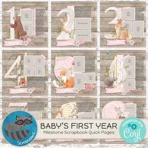 Conjunto de páginas de scrapbook para o primeiro ano do bebê – modelos mensais para DIY fácil