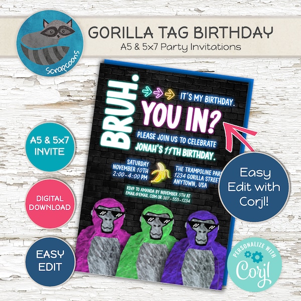 Gorilla Tag Birthday Invite, Editable Instant Download