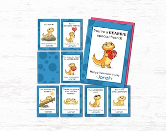 Tarjetas de San Valentín de dragón barbudo - Juego de 8 azules imprimibles para compartir en el aula