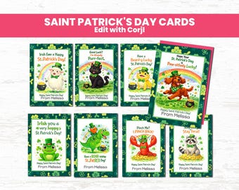 Juego de tarjetas imprimibles del Día de San Patricio / 8 tarjetas de intercambio de animales para el aula con nombre personalizado