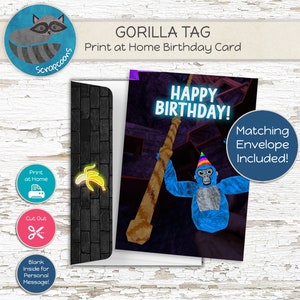 Cartão de aniversário Gorilla Tag com envelope, cartão para imprimir em casa