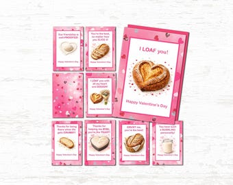 Tarjetas de San Valentín con pan de masa madre / Juego de 8 imprimibles con adorables juegos de palabras
