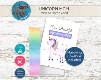 Puede incluir: Una tarjeta imprimible con un fondo de acuarela de arcoíris y una ilustración de unicornio. La tarjeta dice "To a Beautiful Unicorn Mom" e incluye un sobre a juego.