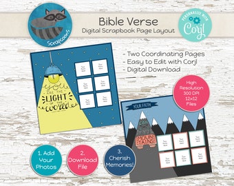 Páginas prefabricadas del álbum de recortes digital Bible Verse - Editar plantilla con Corjl