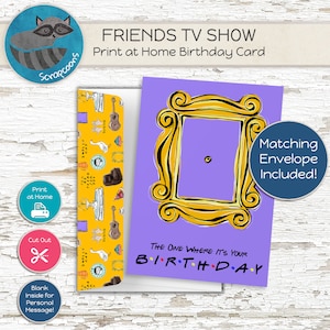 Tarjeta de cumpleaños y sobre del programa de televisión Friends, tarjeta de felicitación para imprimir en casa